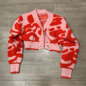 Pink & Red Patterned Cropped Cardigan